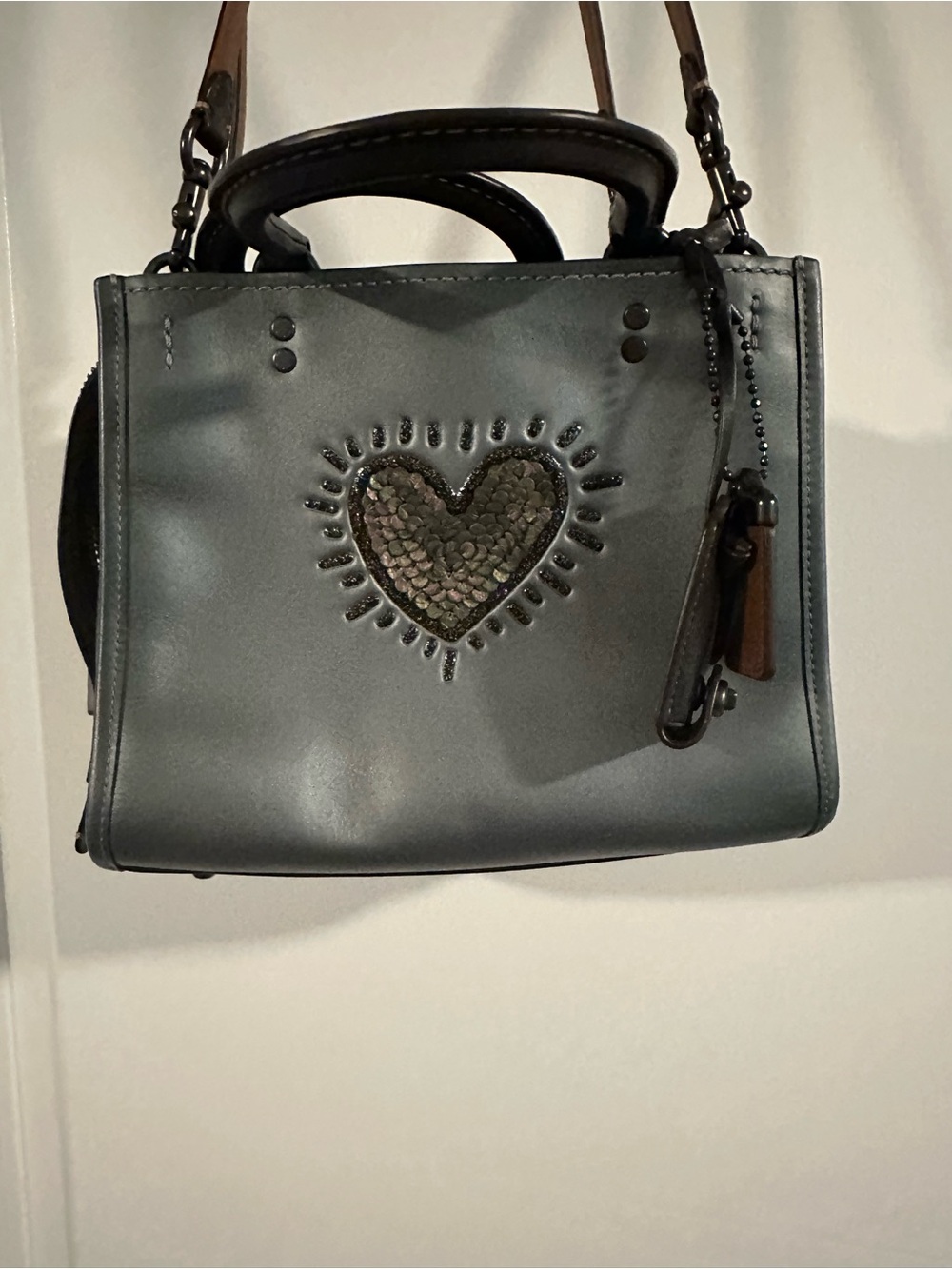 Coach Rogue Keith Haring Gray Leather Satchel with Heart Sequin Appliqué
